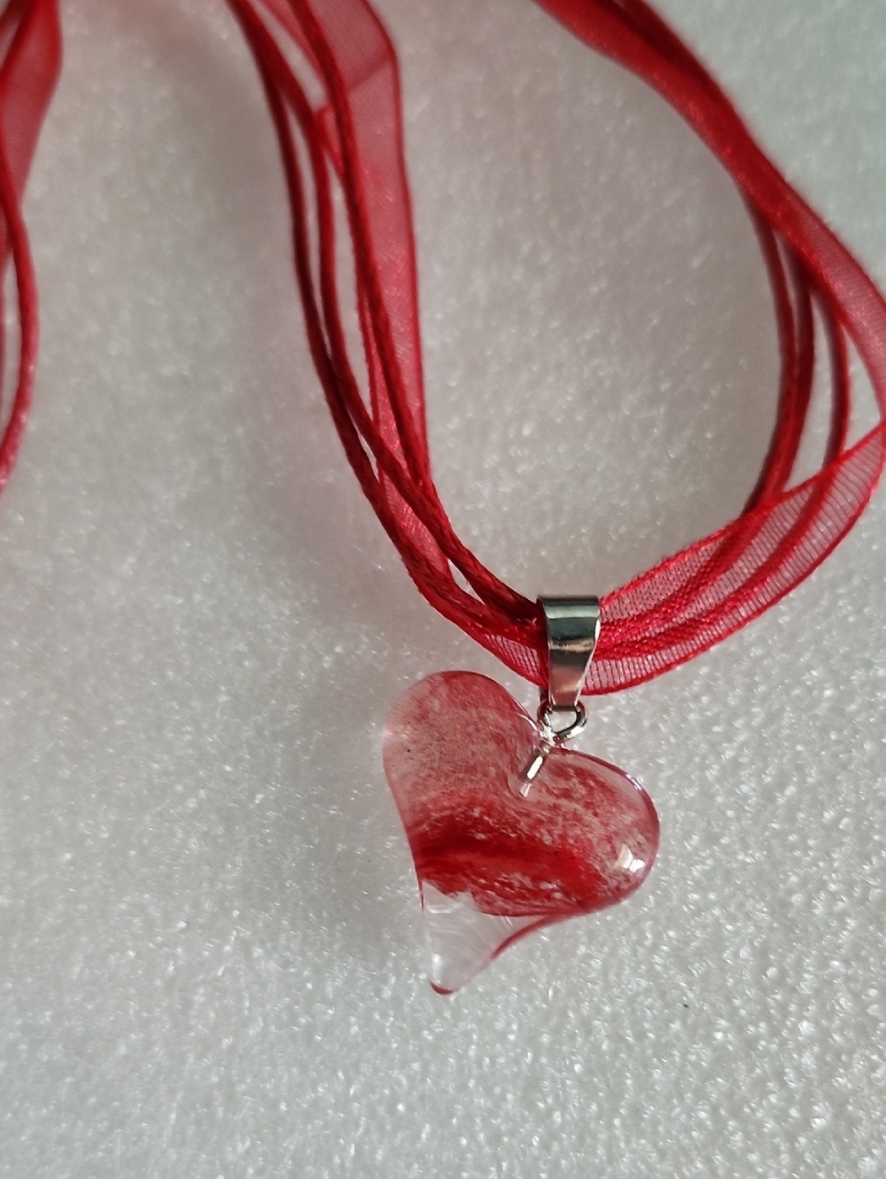 Hand Crafted Red Heart Glass Pendant Necklace with Red Ribbon